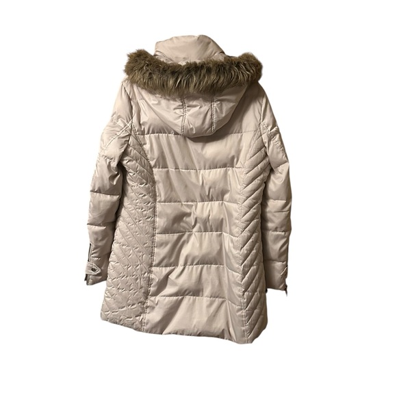 Kenneth Cole Reaction Down Quilted Long Winter Coat Cream Faux Fur Hood L - Picture 2 of 9